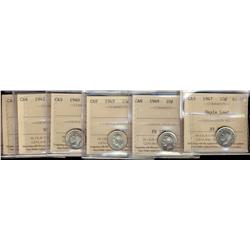 1947 10¢ ML AU55, 1949 MS60 & MS62, 1940 MS62, 1942 MS64, 1946 MS64 & 1951 MS64.  Lot of 7 coins all