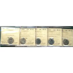 1952, 1959, 1974, 1997 & 2000 10¢ ICCS MS65.  Lot of 5 coins.