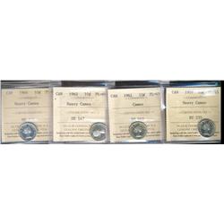 1957, 1961, 1962, 1964 10¢ ICCS PL65 Heavy Cameo except 1961 is Cameo, Lot of 4 coins,