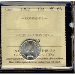 1962 10¢ ICCS MS66.  Superb gem blast white example.