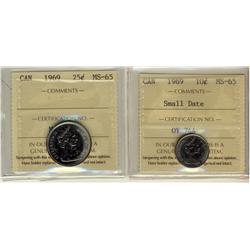 1967, 1969  10¢ MS65 Cameo along with 1969 25¢ MS65.  Lot of 3 coins.