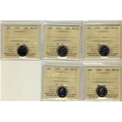 1971, 1973, 1978, 1984  & 1985 10¢ ICCS MS65.  Lot of 5 gem coins.