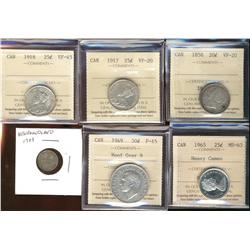 1858 20¢ VF20, 1917,1918 EF45 & 1965 MS63 25¢ MS63HC. Also includes 50¢ 1949 Hoof F12 Lot of 6 coins