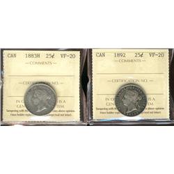 1883H & 1892 25¢ ICCS VF20.  Lot of 2 coins.