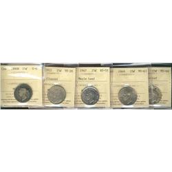 1890H G6, 1912 VF20 Clnd, 1947 AU55, 1949 MS63 & 1952 LR MS64 25¢.  Lot of 5 ICCS graded coins.