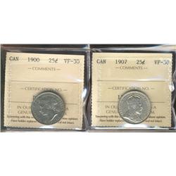1900 & 1907 25¢ ICCS VF30.  Lot of 2 coins.