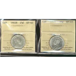 1902H EF40 & 1919 25¢ EF45. Lot of 2 ICCS graded coins.