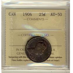 1904 25¢ ICCS AU50.  Key issue with superb eye appeal and underlying lustre.