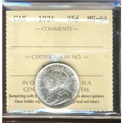 1934 25¢ ICCS MS64.  Blast white and lustrous.