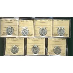 1937 AU50, 1938 AU58, 1939 MS62, 1940 AU55, 1941 MS60, MS63 & 1943 AU55.  Lot of 7 ICCS graded coins