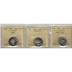 1947 25¢ ML,  1954 , 1954 Cameo ICCS MS63, Lot of 3 coins ICCS graded