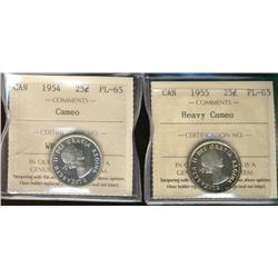 1954 25¢ ICCS PL65 Cameo, 1955 25¢  ICCS PL65 Heavy Cameo  Lot of 2 coins
