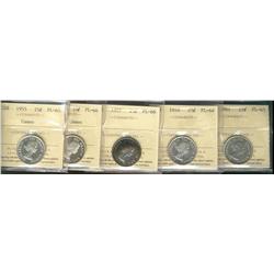 1955 PL65 Cam, 1956 PL66 HC, 1957 PL66, 1959 PL64 & 1961 PL65 25¢.  Lot of 5 coins all ICCS graded.