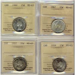 1957, 1958, 1960 & 1967 25¢ ICCS MS65.  Group of 10 coins.