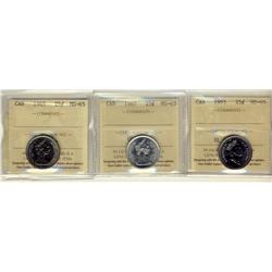 1969, 1967 & 1995 25¢ ICCS MS65.  Lot of 3 coins.
