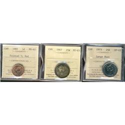 1973 25¢ Large Bust SP65 along with 1967 25¢ MS65 & 1985 1¢ Ptd 5 MS63.  Lot of 3 coins all ICCS gra
