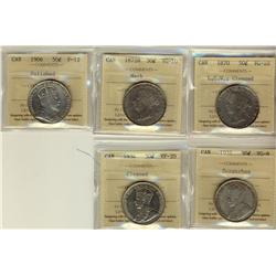 1870 LCW VG10, 1872H VG10, 1906 F12, 1932 VG8 & 1934 VF20 50¢.  Lot of 5 coins all designated with p