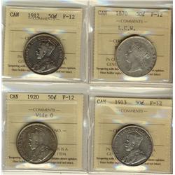 1870 LCW, 1912, 1913 & 1920 Wd 0 50¢ ICCS F12.  Lot of 4 coins.