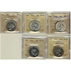 1938 & 1947 ML EF40, 1947 C7R EF45, 1949 MS60 & 1940 MS60 Scratch.  Lot of 5 ICCS graded coins.