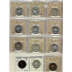 1958, 1960, 1961, 1962, 1963, 1966 & 1967 50¢ ICCS MS64.   Lot also includes 1953 LD SF ICCS EF40, L