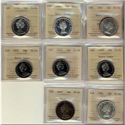 1960 HC, 1963 HC, 1966 C, 1968 HC, 1974, 1975 HC 50¢ PL65, 1962 PL64 & 1967 SP64 Cameo.  Lot of 8 co