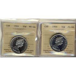 1966 50¢ PL66 & MS66.  Lot of 2 coins both ICCS Cameo.