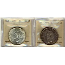 1945 $1 ICCS EF40 &1939 $1 ICCS MS63  Lot of 2 coins