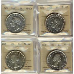 1946 $1 MS60, 1950 Arnp MS62, 1953 SF MS62 & 1956 MS62.  Lot of 4 ICCS graded silver dollars.