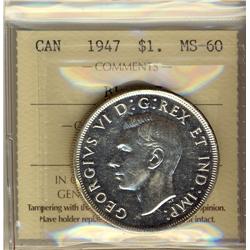 1947 $1 Blt7 ICCS MS60.  Full white coin.