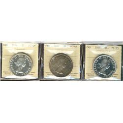 1956, 1957 & 1959 $1 ICCS PL65.  1959 desiganted Cameo. Lot of 3 coins.