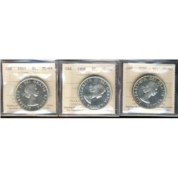 1957 $1 ICCS PL64 Cameo, 1958 $1 ICCS PL66 Cameo, 1959 $1 ICCS PL65 Cameo,  Lot of 3 coins