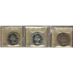 1957, 1958 & 1959 $1 ICCS MS64.  Lot of 3 coins.