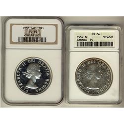 1957 $1 ANACS MS66/PL & 1962 $1 NGC PL66.  Lot of 2 coins.