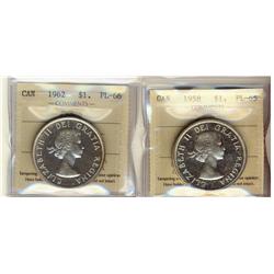 1958 $1 PL65 CAMEO & 1962 PL66.  Lot of 2 ICCS graded coins.