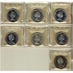 1958, 1959, 1960, 1962 Cam, 1963 HC, 1965 SmBds Ptd Cameo $1 all ICCS PL65 and 1967 PL64.  Lot of 7 