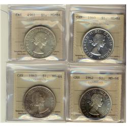 1960, 1961, 1962 & 1963 $1 MS64.  Lot of 4 coins all ICCS graded.
