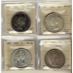 1962, 1963, 1964 & 1965 SmBds Ptd ICCS MS64.  Lot of 4 coins.