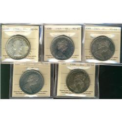 1964, 1965 SmBds Ptd, LgBds Blt(2) & 1966 ICCS $1 MS64.  Lot of 5 coins all with great toning.