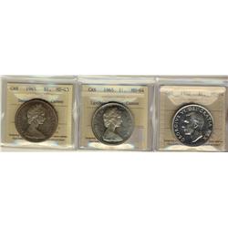 1965 $1 SmBds Ptd 5 & LgBds Blt 5 MS64 Cameo and 1952 $1 NWL MS64.  Lot of 3 ICCS graded  coins with