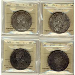 1965 $1 SmBds Ptd 5 ICCS MS64.  Lot of 4 coins all with PQ toning.