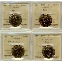 1990, 1993, 1994 & 1995 $1 Loon MS65.  Lot of 4 coins.