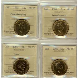 1994 Remembrance, 1995 Peacekeeping, 1996 & 2004 $1  MS65.  Lot of 4 coins.