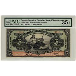 The Canadian Bank of Commerce, Barbados Issue, 1922 $5 #17948 CH-75-20-04, PMG VF35 Net, bright and