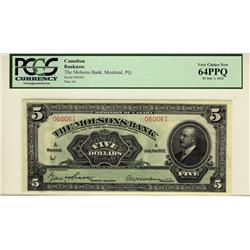 The Molsons Bank, 1922 $5 #060061, CH-490-40-02, PCGS UNC64PPQ. A very nice and attractive example.