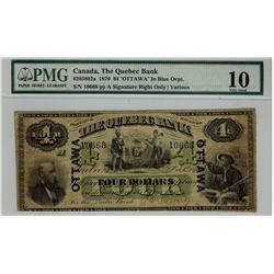 The  Quebec Bank, 1870 $4 #10668, town o/p, Three Rivers, CH-620-38-02a, PMG VG10