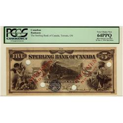 The Sterling Bank of Canada, 1914 $5, CH-700-12-02S, SP, PCGS UNC64PPQ.  Unlisted in Charlton as a S