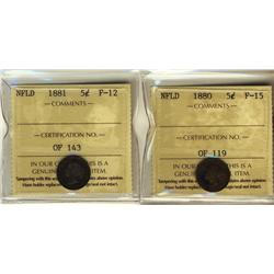 NFLD 1880  5¢ ICCS F15, 1881  5¢ ICCS F12  Lot of 2 coins,