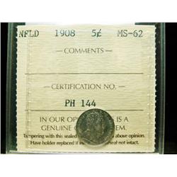 NFLD 1908  5¢ ICCS MS62  Brilliant and lustrous.