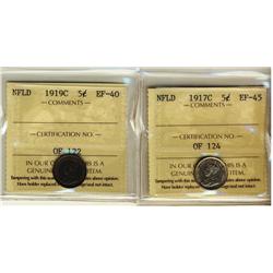 NFLD 1917C 5¢ ICCS EF45, C  5¢ ICCS EF40,  Lot of 2 coins,