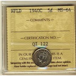 NFLD 1940C  5¢ ICCS MS64